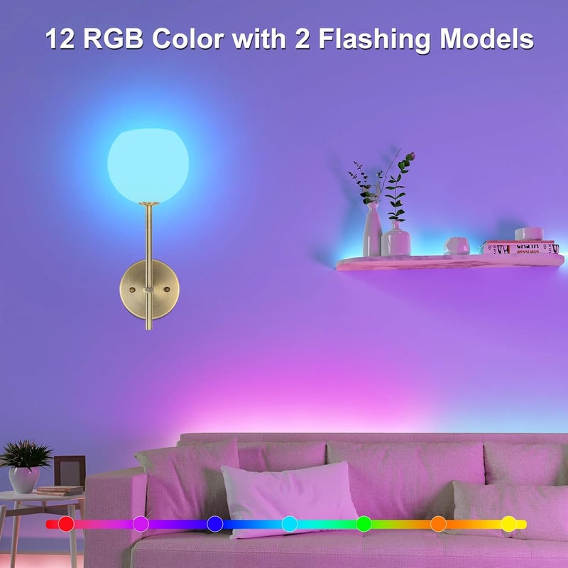 Keep Shinning Brass Battery Operated Wall Sconces Set of 2, Rechargeable Wireless Wall Lights with Milky White Frosted Glass, 12 RGB and 3CCT Dimmable, Wall Lamps with Remote for Bedroom Living Room Hallway - Image 3